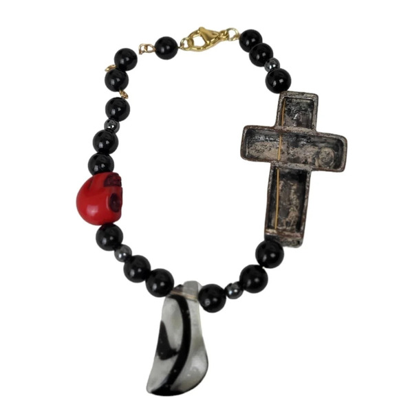 14K Gold Plated Natural Tourmaline Beads Black Metal Cross Red Skull - Picture 2 of 6
